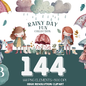 Rainy Day Spring Clipart, Instant Download - Umbrella clipart, Watercolor Clipart, Rain boots, rain coats, flowers