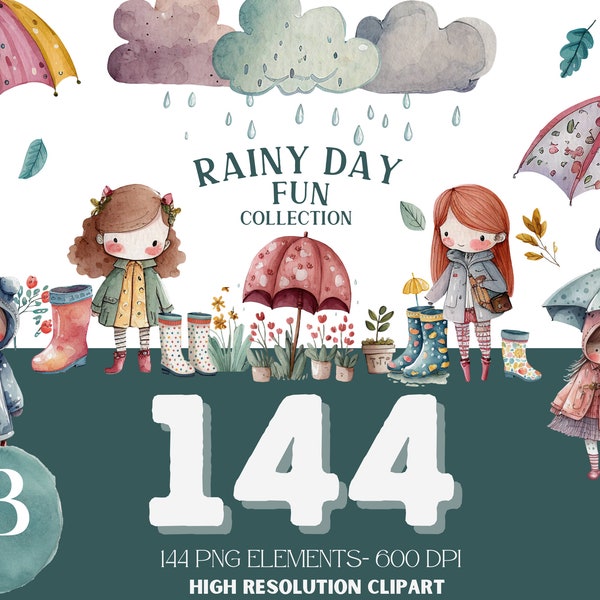 Rainy Day Spring Clipart, Instant Download - Umbrella clipart, Watercolor Clipart, Rain boots, rain coats, flowers