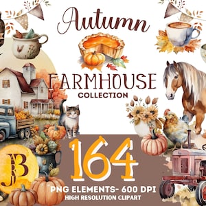Autumn Farmhouse Clipart Bundle - 164 High-Quality PNG Elements - Fall Harvest Graphics, Pumpkin, Barn, Truck, Animals, Watercolor Style
