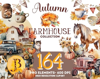 Pode incluir: Uma ilustração de aquarela de 164 elementos de fazenda de outono. A imagem apresenta uma fazenda, um caminhão, um cavalo, um trator, abóboras, uma torta, um frasco, uma xícara e uma galinha. O texto "Coleção de fazendas de outono" e "164 elementos PNG - 600 DPI Clipart de alta resolução" está incluído na imagem.