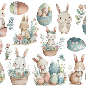 May include: Watercolour illustration of Easter bunnies and eggs. The bunnies are holding eggs and are surrounded by flowers. The eggs are decorated with polka dots, stripes and floral patterns.