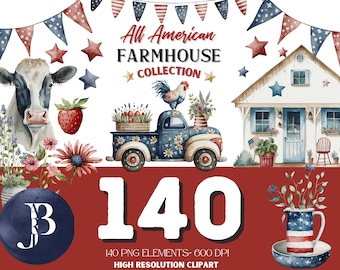 Watercolor Patriotic Farmhouse Clipart, 4th of July Farmhouse Clipart, Farmhouse style, Instant Download