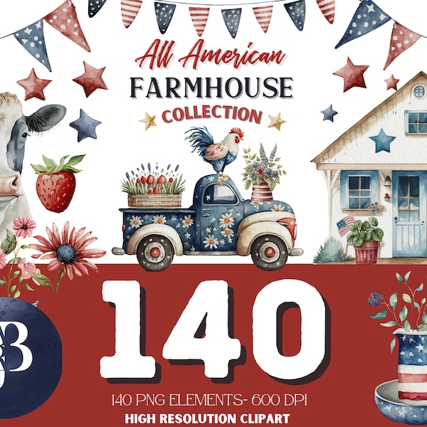 Watercolor Patriotic Farmhouse Clipart, 4th of July Farmhouse Clipart, Farmhouse style, Instant Download