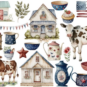 Watercolor Patriotic Farmhouse Clipart 4th of July Farmhouse - Etsy