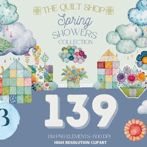 Spring Showers Quilt Watercolor Clipart Collection - Instant Download, Quilts, Quilt bocks, Umbrellas, Rainclouds, Flowers