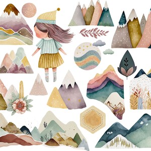 Puede incluir: Ilustraciones de acuarela de monta&ntilde;as, flores y una ni&ntilde;a con el pelo largo y casta&ntilde;o que lleva un sombrero blanco. Las ilustraciones son en tonos azules, verdes, rosas y amarillos.
