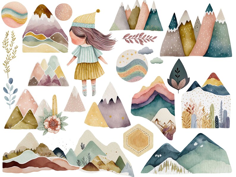Puede incluir: Ilustraciones de acuarela de monta&ntilde;as, flores y una ni&ntilde;a con el pelo largo y casta&ntilde;o que lleva un sombrero blanco. Las ilustraciones son en tonos azules, verdes, rosas y amarillos.