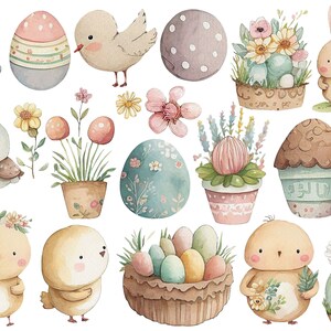 Op de afbeelding: Een verzameling aquarel illustraties met Pasen-thema's, waaronder kuikens, konijnen, eieren, bloemen en een cupcake. De illustraties zijn in een speelse stijl met zachte kleuren en delicate details.