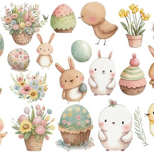 Op de afbeelding: Een verzameling aquarel illustraties met Pasen-thema. De illustraties bevatten konijnen, kuikens, eieren, bloemen en cupcakes. De illustraties zijn geschilderd in een zachte, pastelkleurige kleurenpalet.