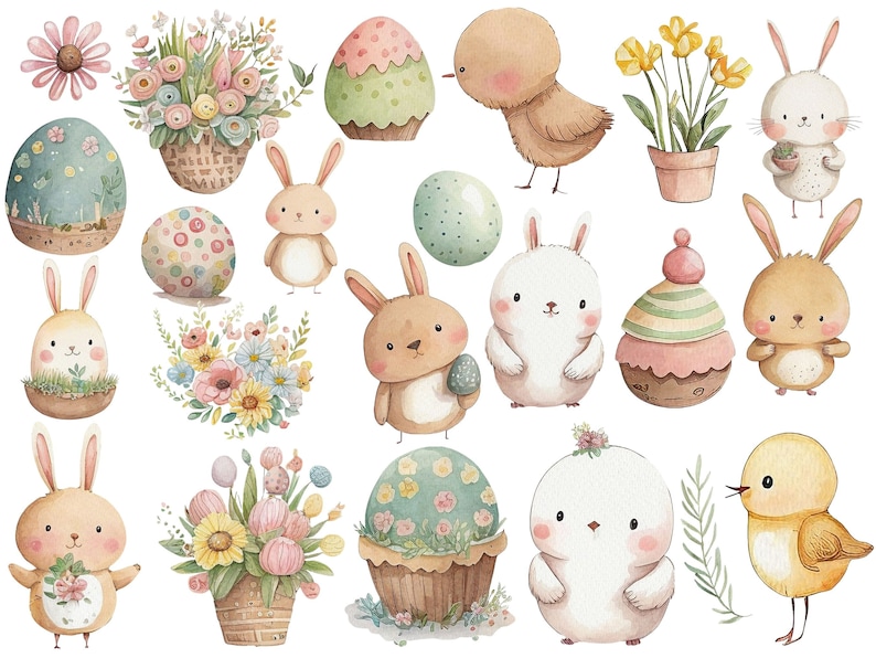 Op de afbeelding: Een verzameling aquarel illustraties met Pasen-thema. De illustraties bevatten konijnen, kuikens, eieren, bloemen en cupcakes. De illustraties zijn geschilderd in een zachte, pastelkleurige kleurenpalet.