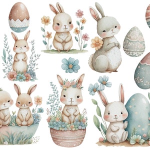 May include: Watercolour illustration of cute bunnies with Easter eggs. The bunnies are in various poses, some holding flowers, some sitting in baskets, and some standing next to eggs. The eggs are decorated with pastel colours and patterns.