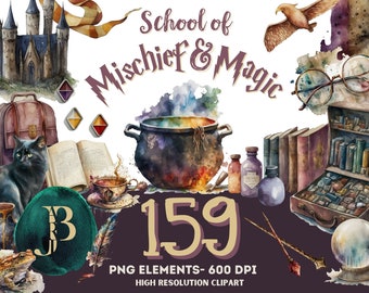 Watercolor Back To School Wizard Clipart Halloween Set Collection