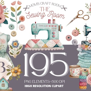 Clipart de couture aquarelle, clipart de courtepointe - clipart de machine à coudre vintage, téléchargement immédiat - licence commerciale limitée