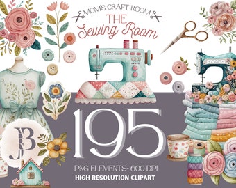 May include: A set of 195 digital clipart images for crafting and sewing. The images include a sewing machine, fabric scraps, buttons, flowers, and a sewing room sign. The text "Mom's Craft Room" and "The Sewing Room" are included in the image.