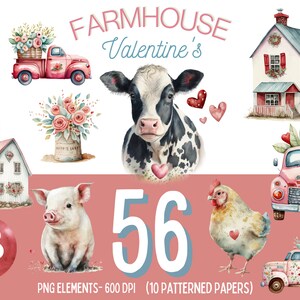 Valentine Farmhouse acuarela Floral Truck Animal Collection, decoración rústica del hogar de la granja, sublimación PNG, vaca, cerdo, pollo, animales de granja