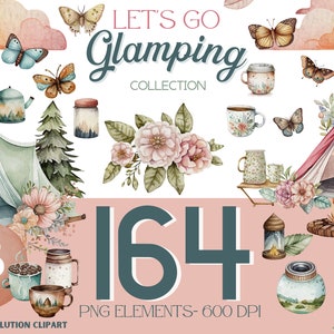 Coleção de clipart de glamping, clipart de acampamento de glamping, clipart de barraca, clipart de campista, clipart de montanha, download instantâneo, comercial