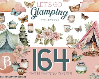 Glamping-Clipartsammlung, Glamping-Camping-Clipart, Zelt-Clipart, Camper-Clipart, Berg-Clipart, Sofort-Download, Kommerzielle Nutzung
