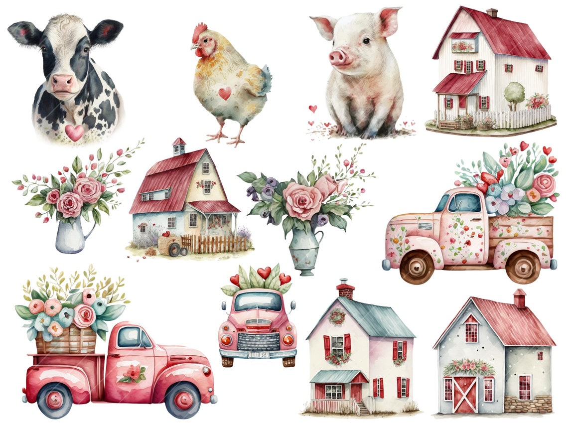 Valentine Farmhouse Watercolor Floral Truck Animal Collection - Etsy