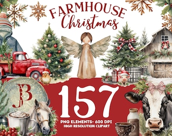 Watercolor Farmhouse Christmas Holiday Clipart Set Collection