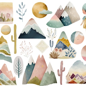 Puede incluir: Ilustraciones de acuarela de monta&ntilde;as, cactus, &aacute;rboles y una ni&ntilde;a con un sombrero azul y un vestido amarillo. Las ilustraciones est&aacute;n en una variedad de colores, incluyendo azul, verde, amarillo, rosa y marr&oacute;n.