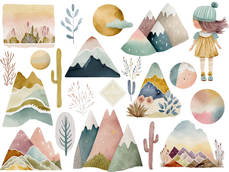 Puede incluir: Ilustraciones de acuarela de monta&ntilde;as, cactus, &aacute;rboles y una ni&ntilde;a con un sombrero azul y un vestido amarillo. Las ilustraciones est&aacute;n en una variedad de colores, incluyendo azul, verde, amarillo, rosa y marr&oacute;n.