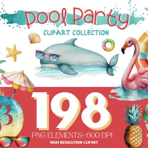Kolekcja letnich clipartów Pool Party, cliparty akwarelowe, natychmiastowe pobieranie, ograniczona licencja komercyjna