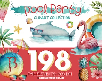 Poolparty-Sommer-Clipartsammlung, Aquarell-Cliparts, Sofort-Download, eingeschränkte kommerzielle Lizenz
