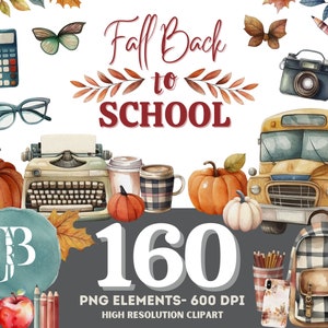Clipart de material escolar de outono, volta às aulas, ônibus escolar, clipart de faculdade, clipart de aquarela de outono, professor, adesivos de planejador