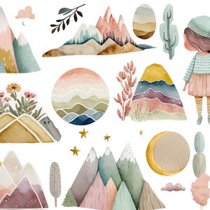 Puede incluir: Ilustraciones de acuarela de monta&ntilde;as, cactus, flores, estrellas y una ni&ntilde;a con un sombrero y un vestido rosa. Las ilustraciones est&aacute;n en una paleta de colores suaves de rosa, azul, verde y amarillo.