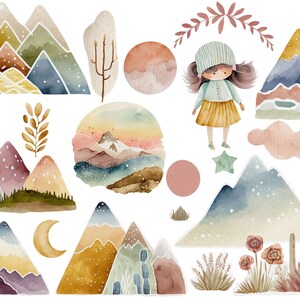 Puede incluir: Ilustraciones de acuarela de monta&ntilde;as, estrellas, nubes, flores, cactus y una ni&ntilde;a con el pelo largo y casta&ntilde;o que lleva un vestido azul y un sombrero verde. Las ilustraciones est&aacute;n en tonos de azul, verde, amarillo, rosa y marr&oacute;n.
