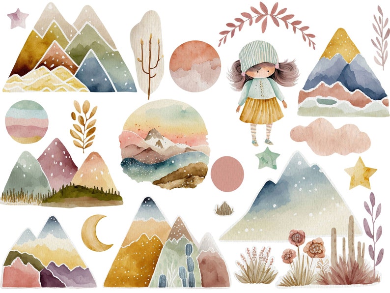 Puede incluir: Ilustraciones de acuarela de monta&ntilde;as, estrellas, nubes, flores, cactus y una ni&ntilde;a con el pelo largo y casta&ntilde;o que lleva un vestido azul y un sombrero verde. Las ilustraciones est&aacute;n en tonos de azul, verde, amarillo, rosa y marr&oacute;n.