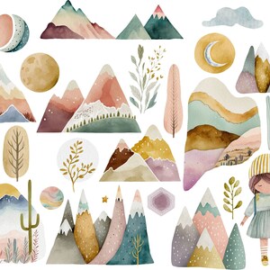 Puede incluir: Ilustraciones de acuarela de monta&ntilde;as, cactus, &aacute;rboles, lunas y estrellas en tonos de azul, verde, rosa y amarillo. Una ni&ntilde;a con cabello casta&ntilde;o y un sombrero amarillo se encuentra frente a una cordillera.