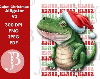 May include: A green alligator wearing a Santa hat, with the text "HERUX" in a repeating pattern. The image also includes the text "Cajun Christmas Alligator V1", "300 DPI", "PNG", "JPEG", and "PDF".