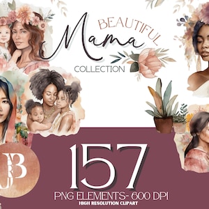 Belle Boho Mama Clipart Collection, Black Mom, Asian Mom, Latino Mom, Cliparts, Aquarelle, Téléchargement instantané, Licence commerciale