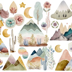 Puede incluir: Un conjunto de ilustraciones de acuarela con monta&ntilde;as, cactus, estrellas, lunas y flores. Las ilustraciones est&aacute;n en una paleta de colores apagados de azules, verdes, marrones y rosas.