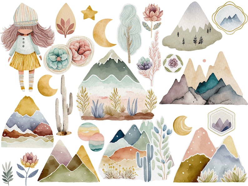 Puede incluir: Un conjunto de ilustraciones de acuarela con monta&ntilde;as, cactus, estrellas, lunas y flores. Las ilustraciones est&aacute;n en una paleta de colores apagados de azules, verdes, marrones y rosas.