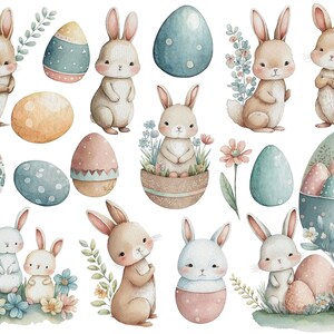 May include: Watercolour illustration of Easter bunnies and eggs. The bunnies are in various poses, some holding eggs, some sitting in nests, and some standing on their own. The eggs are decorated with floral patterns, polka dots, and solid colours. The illustration is set against a white background.