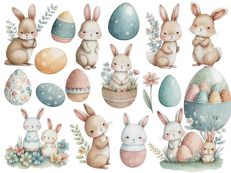 May include: Watercolour illustration of Easter bunnies and eggs. The bunnies are in various poses, some holding eggs, some sitting in nests, and some standing on their own. The eggs are decorated with floral patterns, polka dots, and solid colours. The illustration is set against a white background.