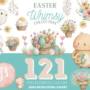 Op de afbeelding: Een set van 121 digitale clipart-afbeeldingen met een paasthema. De afbeeldingen bevatten schattige kuikens, manden met eieren, bloemen en andere lentethema's. De afbeeldingen zijn in aquarelstijl en perfect voor het maken van paaskaarten, uitnodigingen en andere knutselprojecten.