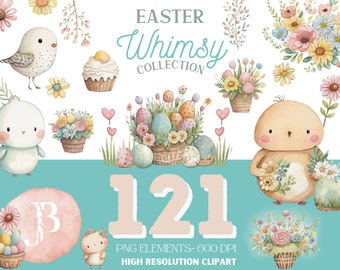 Watercolor Easter Clipart - Easter Whimsy Collection - Digital Download' Easter Graphics, Bunnies, Chicks, Easter Egg Clipart, Flowers
