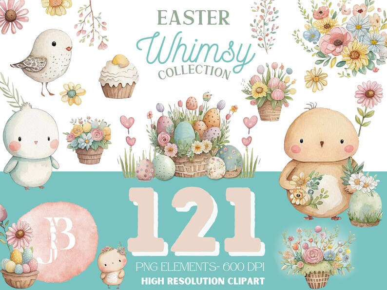 Op de afbeelding: Een set van 121 digitale clipart-afbeeldingen met een paasthema. De afbeeldingen bevatten schattige kuikens, manden met eieren, bloemen en andere lentethema's. De afbeeldingen zijn in aquarelstijl en perfect voor het maken van paaskaarten, uitnodigingen en andere knutselprojecten.