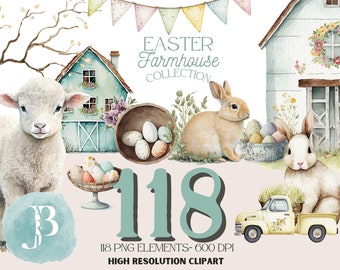 Aquarel boerderij Pasen clipart, boerderij vrachtwagen illustraties, boerderijdieren clipart, bloemen clipart, Pasen groen clipart digitale png