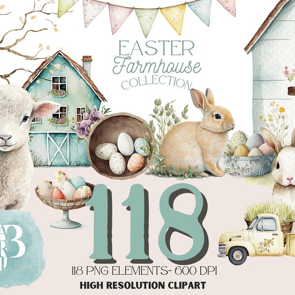 Watercolor Farmhouse Easter Clipart, Farmhouse Truck clip art ,  Farm animals clipart, Floral clipart, Easter Greenery Clipart digital png