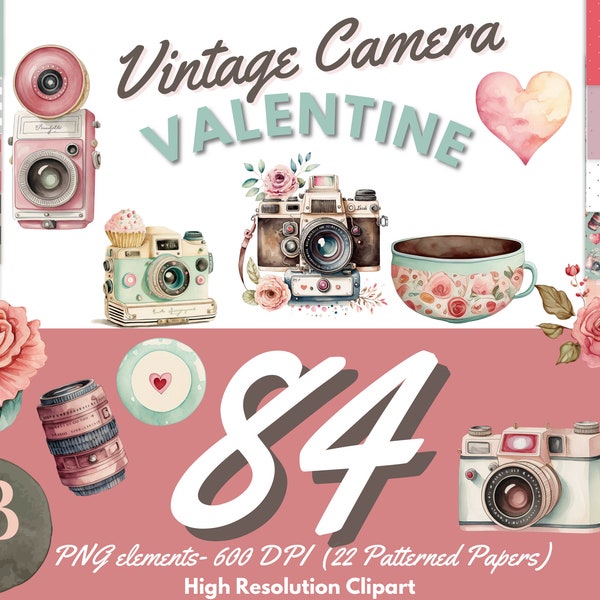 Vintage Retro Kamera Clipart Valentinstag, Clipart Sammlung, Vintage Kamera, Aquarell Blumen, digitale Sitckers