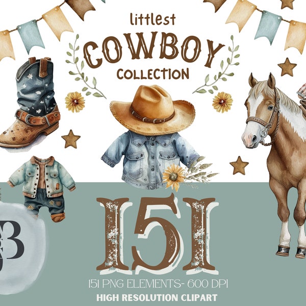 Watercolor Cowboy Baby Clipart, Littlest Cowboy - Baby shower clipart, baby boy clipart, Instant download, commercial license