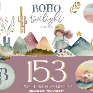Boho Berg Cliparts Clip Art, Boho Clipart Collection, Berg Clipart, Kaktus Clipart, begrenzte kommerzielle Lizenz, Instant Download