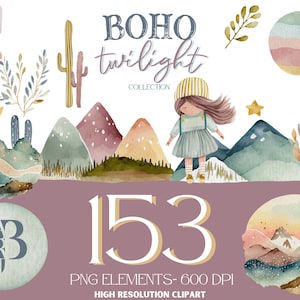 Boho Mountain Cliparts Clip Art, Boho Clipart Collection, mountain clipart, cactus clipart, Limited Commercial License, Instant Download