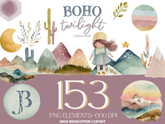 Boho Mountain Cliparts Clip Art, Boho Clipart Collection, mountain clipart, cactus clipart, Limited Commercial License, Instant Download