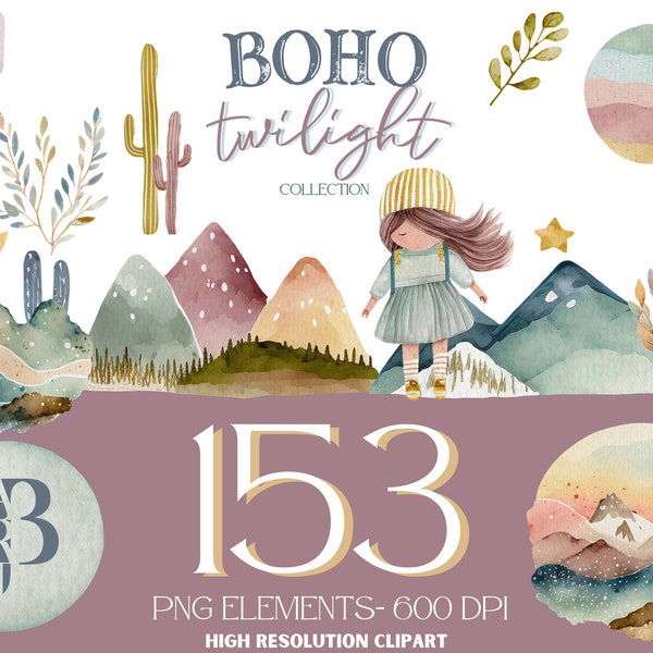 Boho Mountain Cliparts Clip Art, Boho Clipart Collection, clipart de montagne, clipart de cactus, licence commerciale limitée, téléchargement immédiat