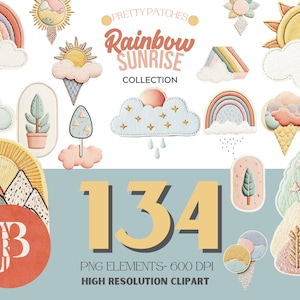 May include: A set of 134 digital illustrations featuring a rainbow, clouds, mountains, trees, and other nature-inspired elements. The illustrations are in a pastel colour palette and have a stitched or embroidered look. The text "Pretty Patches Rainbow Sunrise Collection" is at the top of the image.